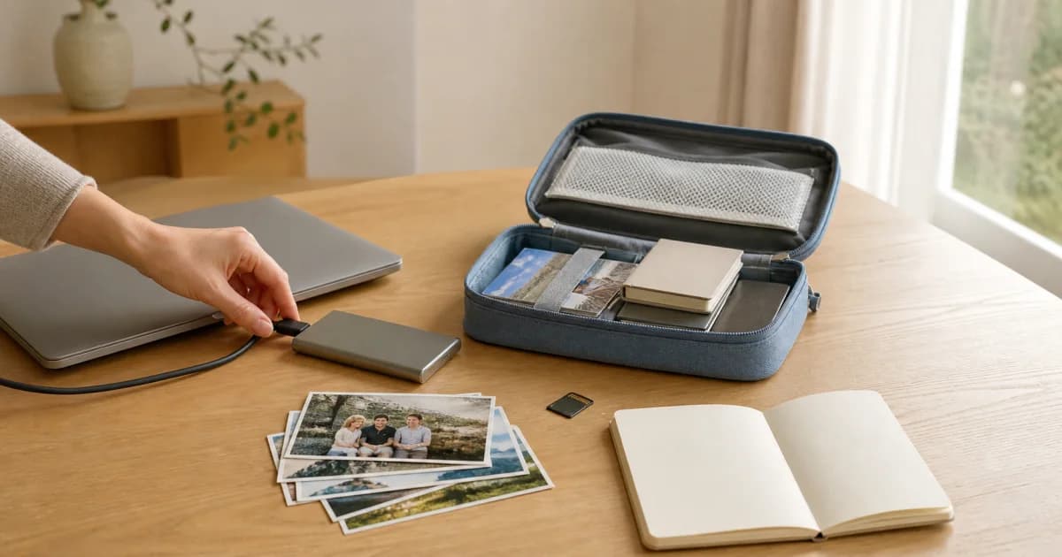 Hands connecting external storage to a laptop and gathering printed photos