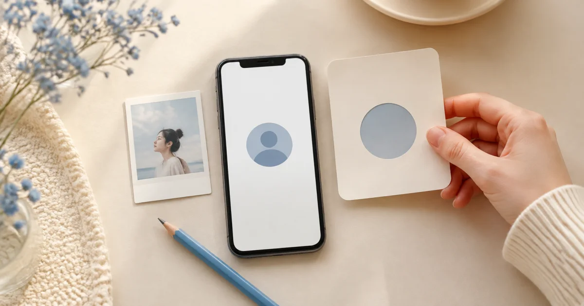 Hands choosing portrait photos and blank profile cards beside a phone showing a profile silhouette