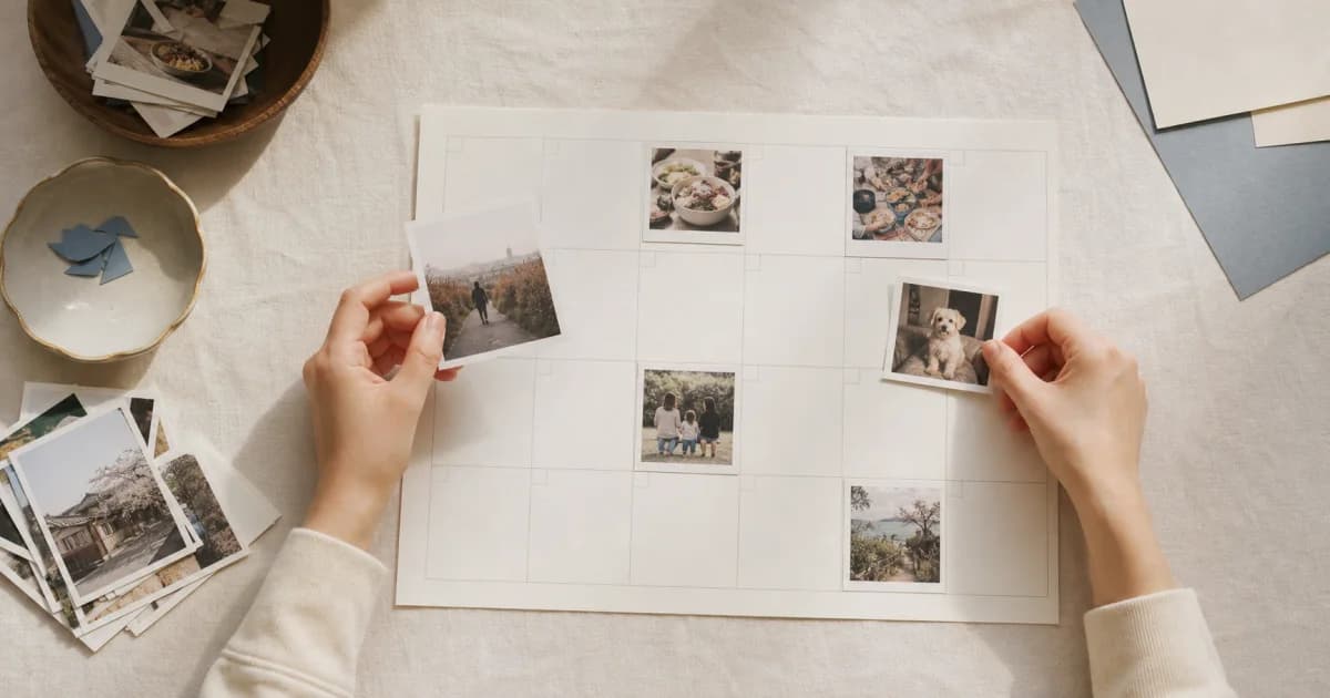複数のプリント写真を月間カレンダーのマスに並べる両手