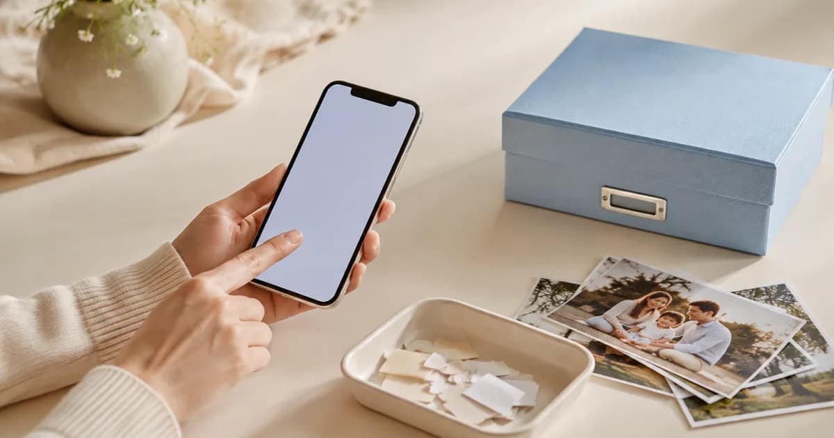 スマートフォン、家族写真、水色の保管箱は残し、紙片を片付ける場面