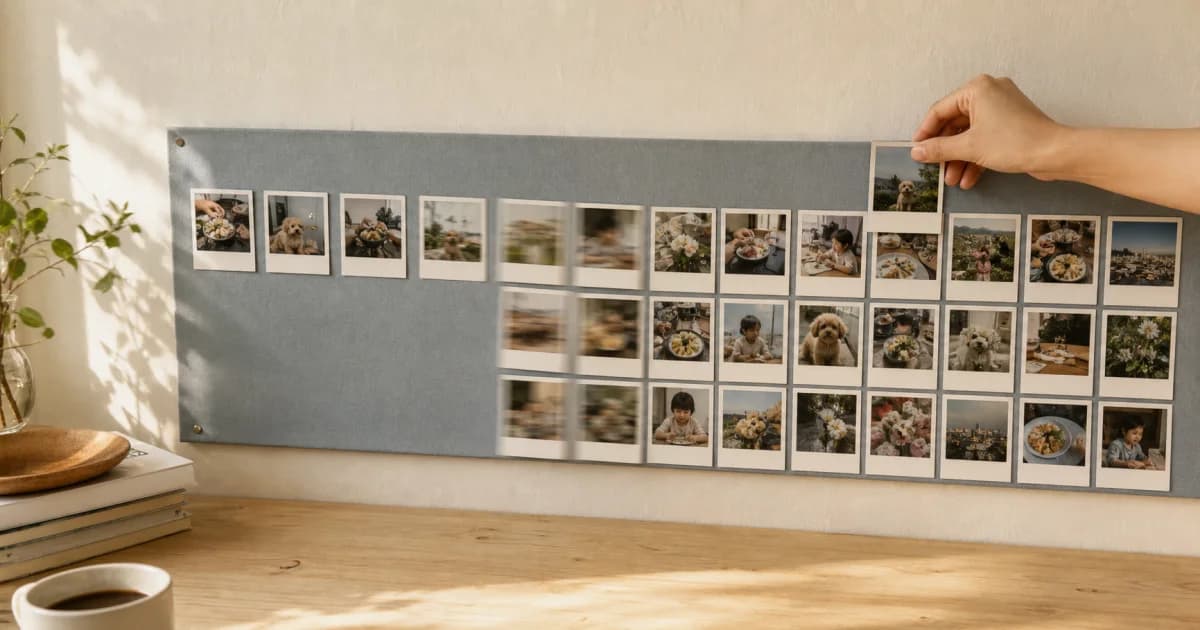 壁の写真グリッドの空いた場所に、プリント写真1枚を貼る手