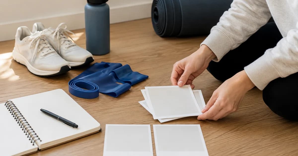 Hands arranging blank exercise photo cards beside shoes, a bottle, a mat, and resistance bands