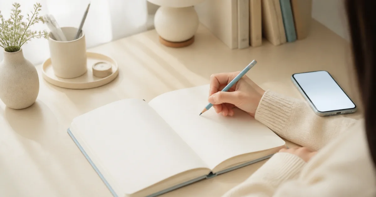 A hand preparing to write in a blank journal with a light-blue pencil beside a phone