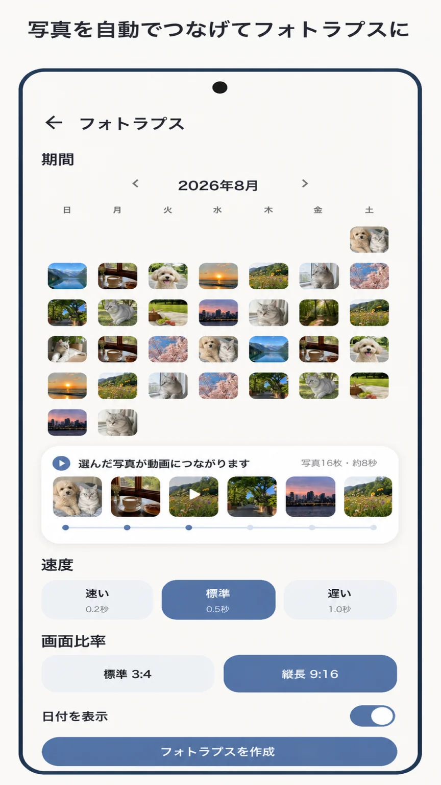 写真3枚から、フォトラプスに。